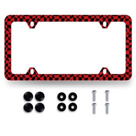 Red and Black Checkerboard License Plate Frame Colorful Checkered Mosaic Elements License Plate Personalise Stainless Steel Auto Parts Funny License Plate Decoration Screws 12.3"x6.3"