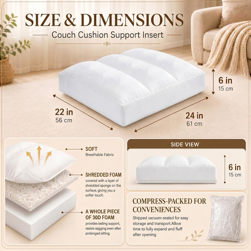 Couch Cushion Replacement 22" x 24" x 6" Sofa Cushion