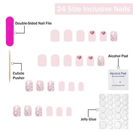 Valentines Press on Nails Short Square SWEKKE Baby Pink Fake Nails False Nails with Designs Heart Glitter Full Cover Glossy Glue on Nails Valentine's Day Acrylic Nails for Women Girls 24 Pcs