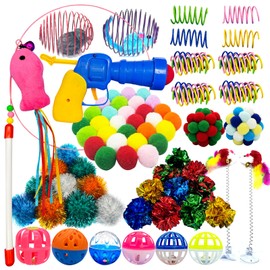 HerMia 84 Pcs Cat Toys Set for Indoor Cats, Interactive Kitten Toys with Plush Balls Launcher & Teaser Wand, Includes Crinkle Balls, Springs, Pompoms for Boredom Relief, Exercise & Entertainment