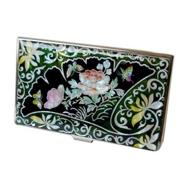 Mother of Pearl RFID Blocking Protection Business Credit Name Id Card Case Holder Metal Stainless Steel Engraved Slim Purse Pocket Cash Money Wallet with Ginkgo Leaf Design