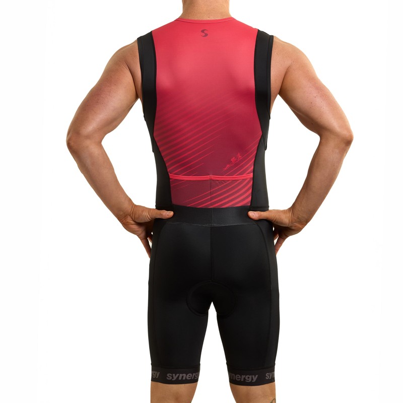 Synergy Triathlon Tri Suit - Men's Race Sleeveless Trisuit (Black/Ruby,