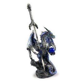 Ain't It Nice Dragon Estatua con espada de dragón medieval y bola de vidrio, figura de dragón coleccionable, decoración de dragón medieval, azul, 4 (L) 2 (W) 7 (H) pulgadas
