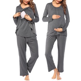 Ekouaer Women's Maternity Nursing Pajamas Set Long Sleeve Pregnancy Pajama Breastfeeding PJS Sleepwear Grey Large