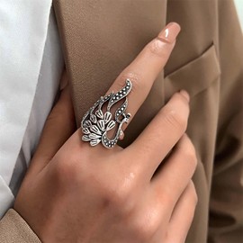 Inateannal Vintage Peacock Rings Silver Peacock Adjustable Ring Open Knuckle Finger Rings Ethnic Phoenix Miracle Bird Ring Jewellery For Women