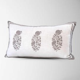 Tajik Home Genevieve Beige Block Print Lumbar Pillow Cover – 14x24, 100% Cotton Floral Cushion Cover for Sofa or Bed, Farmhouse & Grandmillennial Decor