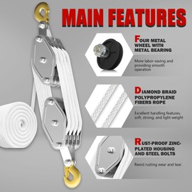 YATOINTO Rope Pulley Hoist with Metal Bearing 4400 LB, 8:1 Pulley Block and Tackle System, Pulley Block 2200LB Loading Capacity, 65ft Heavy Duty Rope Hoist for Hunting Garage Warehouse Constructions