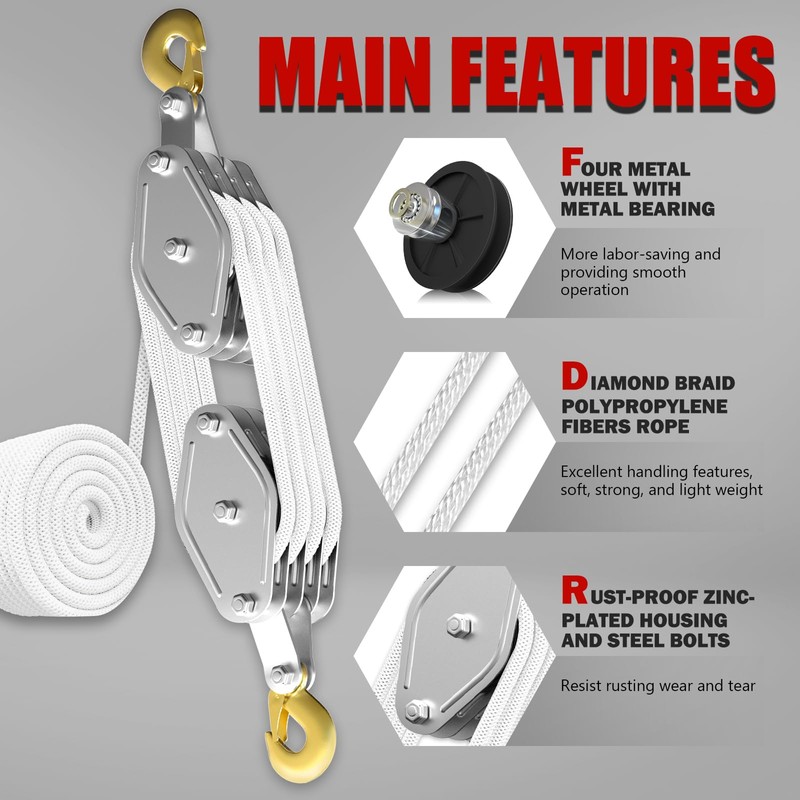 YATOINTO Rope Pulley Hoist with Metal Bearing 4400 LB, 8:1