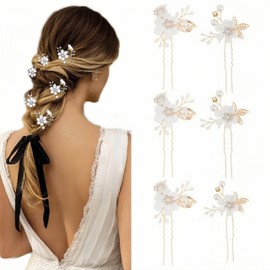 6 Pcs Wedding Hair Pins Crystal, Bridal Flower Pearl Hair Clips Headpiece Vintage Wedding Hair Accessories Jewelry with Rhinestone for Brides Bridesmaids Women Girls