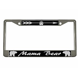 Mama Bear Design Heavy Duty Metal Car License Plate Frame Auto Tag Holder/Great Gift for Momma Bears, Expecting Mothers, Baby Shower (Chrome/Black/Silver)