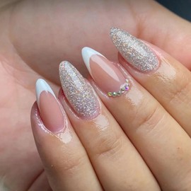 BABALAL White Press on Nails Almond Medium Fake Nails with Glue Bling Glitter Acrylic Nails French Tip Manicure False Nails 24pcs Stiletto Full Cover Stick on Nails