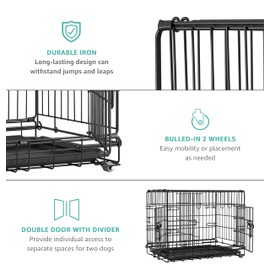 42 Inch Dog Crate with Divider - XL Dog Kennel Extra Large Cage with Wheels and Topper Double Door Big Collapsible Dog Crates for XLarge Dogs Indoor Metal Wire X Large Pet Cages