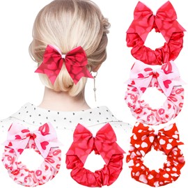 Yuxung 6 Pcs Valentine's Day Bow Hair Scrunchies Pink Red Heart Design Hair Ties Scrunchy Elastics Bands Bulk Romantic Heart Ponytail Holder Scrunchies for Women Girls Valentine's Gifts