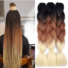 FanYu 3 Packs, 24 Inch Synthetic Braiding Hair for Women, Ombre Jumbo Braids, Hair Extensions for Crochet Braids (Black/Brown/Blonde)