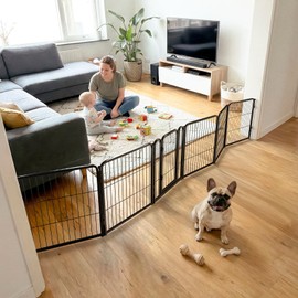 FXW Dog Gate Extra Wide Designed for Indoor Use, Adjustable Width Up to 137-inch Wide (24" H 6 Wire Panels for Puppies and Small Dogs), Black