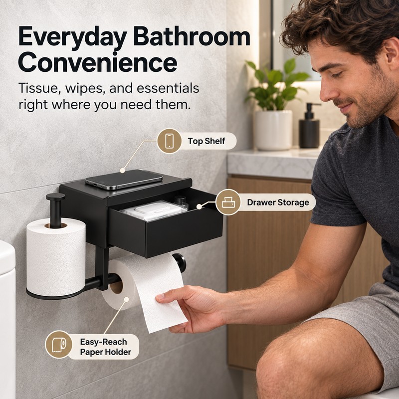 Wall-Mounted Toilet Paper Holder with Drawer – No-Drill Bathroom Tissue