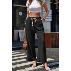 EdgeVibe Women Palazzo Pants Wide Leg High Waist Adjustable Knot Loose Casual Trousers Comfy Lounge Pant Business Black Work Pants with Pockets XL