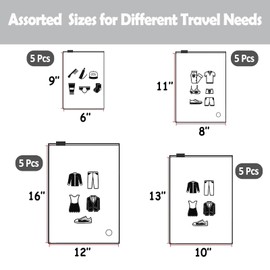(20 pcs Value Pack) Travel Luggage Organizer Bags, Assorted Sizes, 4Mil Resealable Slider Zip Plastic Clothing Packaging Bags, Frosted Travel/Home Storage and organizing Bags/Pouches, Space Saver Bag