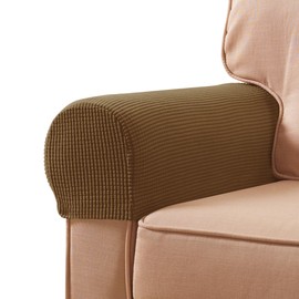 SUBRTEX Stretch Couch Arm Covers Set of 2, Checkered Sofa Arm Slipcovers, Anti-Slip Armrest Covers for Recliner and Armchairs, Pet Proof, High Stretchy, Hook & Loop Tape, Coffee