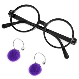 KINBOM Round Black Glasses Plastic, 1 pair Costume Glasses for Kids with 1 pair Earrings, Kids Costume Party Favors Prop
