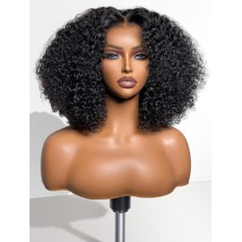 LUVME Human Hair Wigs Glueless 5x5 Curly Wig Human Hair Pre Cut Pre Plucked Bleached Knots Glueless Wig 150 Density Natural Black 16 Inch Kinky Curly Wig for Women