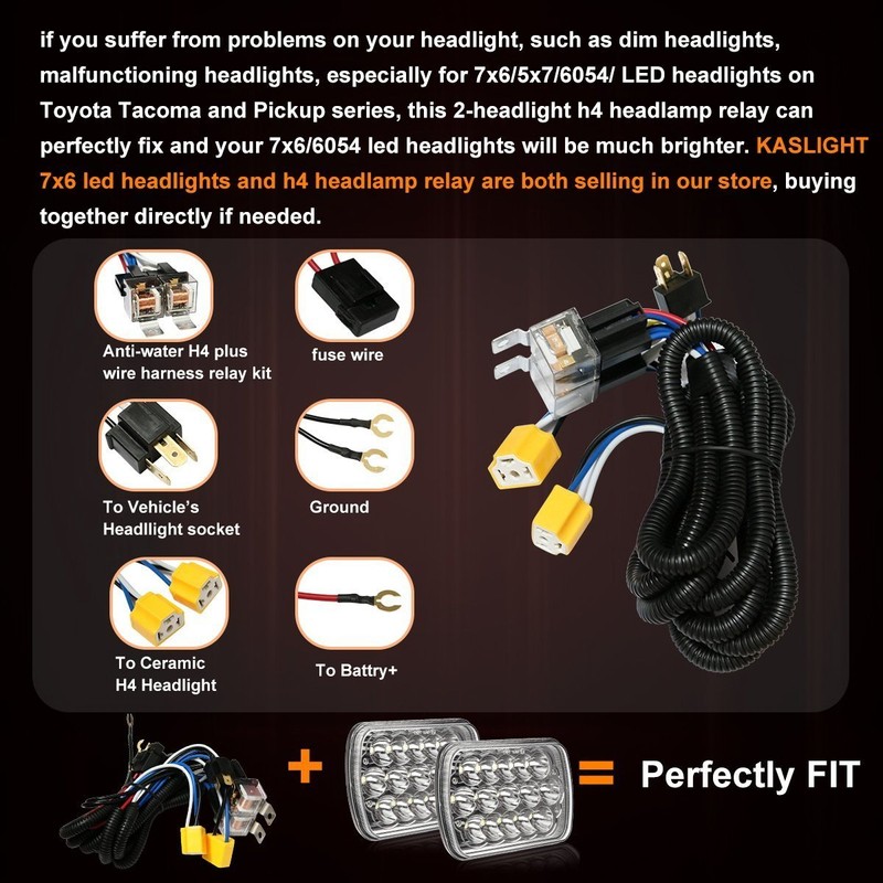 KASLIGHT 1Set 2 Headlight Wiring Harness H4 Relay Harness H6054