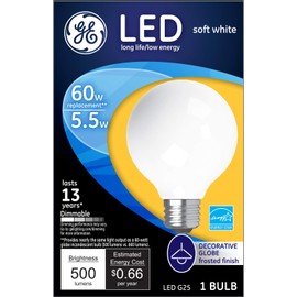 GE Lighting LED Globe Light Bulb, 5.5 Watts (60 Watt Equivalent) Soft White, Frosted Finish, Medium Base, Dimmable (1 Pack)