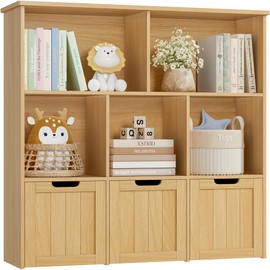 FOTOSOK Toy Storage Organizer with 3 Movable Drawers, Floor Storage Cabinet Toy Chest with Hidden Wheels and 5 Storage Cubbies, Multifunctional Storage Chest for Playroom, Natural