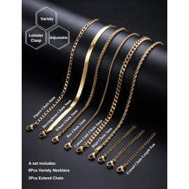 LOLIAS Gold Chain Necklace for Men Women - 6Pcs Stainless Steel Cuban Link/Rope/Box/Figaro/Herringbone/Wheat Chain Layered Stacked Necklace Set 20 Inches