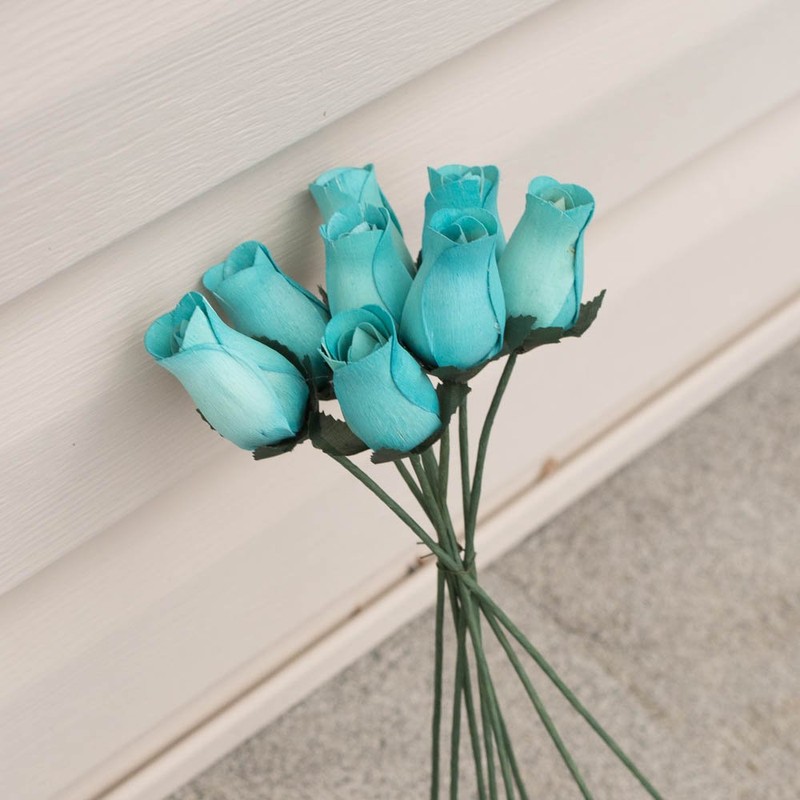 Light Blue Roses Bunch of 8 Closed Bud Wooden Roses