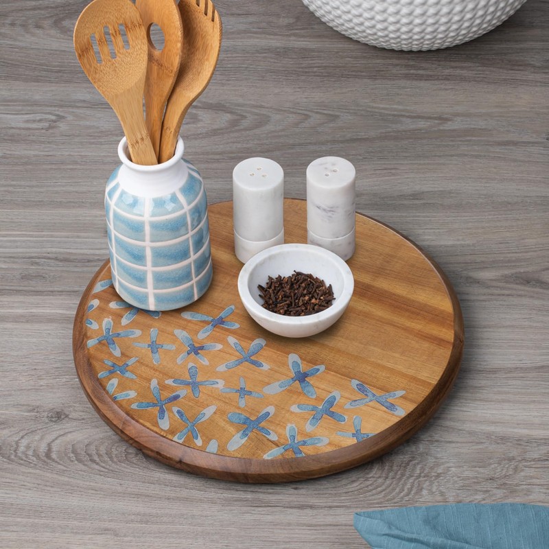 Thirstystone Acacia Wood Lazy Susan Turntable with Decorative Blue Floral