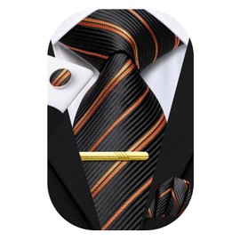 Hi-Tie Ties for Men Neck Tie Pocket Square Set Wedding Formal Cufflinks Tie Clip 4PC Formal Suit Tie Set,Black Gold Stripe