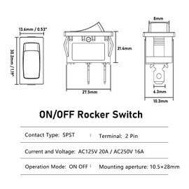 SCOOYUCK Pack of 5 Rocker Switches, SPST 13.5 mm x 30 mm 2 Pole On/Off 12 V 24 V 125 V 250 V Toggle Switch for Car Boat Household Appliances