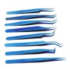 8pcs Eyelash Tweezers Stainless Steel Fine Tip Ergonomic Blue Titanium