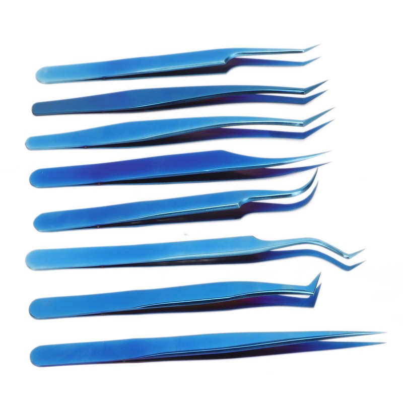 8pcs Eyelash Tweezers Stainless Steel Fine Tip Ergonomic Blue Titanium