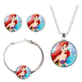 EC Trading Little Mermaid Glass Dome Pendant Necklace, Earring, Bracelet Set
