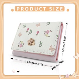 WisePoint Cute Card Holder Wallet, Flower Button & Butterflies Print Card Wallets for Women, Elegant Youthful PU Short Women's Wallet with ID Window for Travel, Shopping (pink)