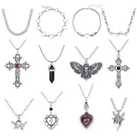 JeryWe 12Pcs Grunge Gothic Necklace Set for Women Teen Cool Y2k Grunge Jewelry Gothic Cross Evil Eye Butterfly Crystal Angel Heart Wing Chain Choker Necklace Y2k Accessories
