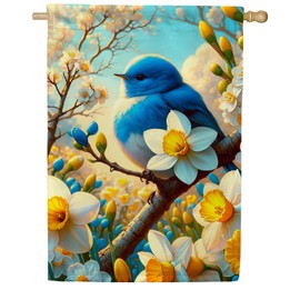 America Forever Spring Bluebird House Flag, 28x40 inch Double Sided, Bluebirds and Daffodils, Summer Floral Flowers Seasonal Holiday Outdoor Yard Decoration