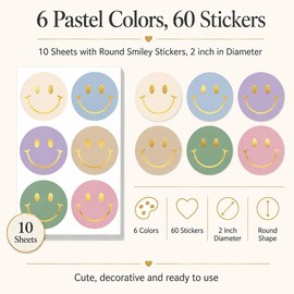 60 Pcs Gold Foil Happy Face Stickers, 2 inch Smiley Envelope Seals