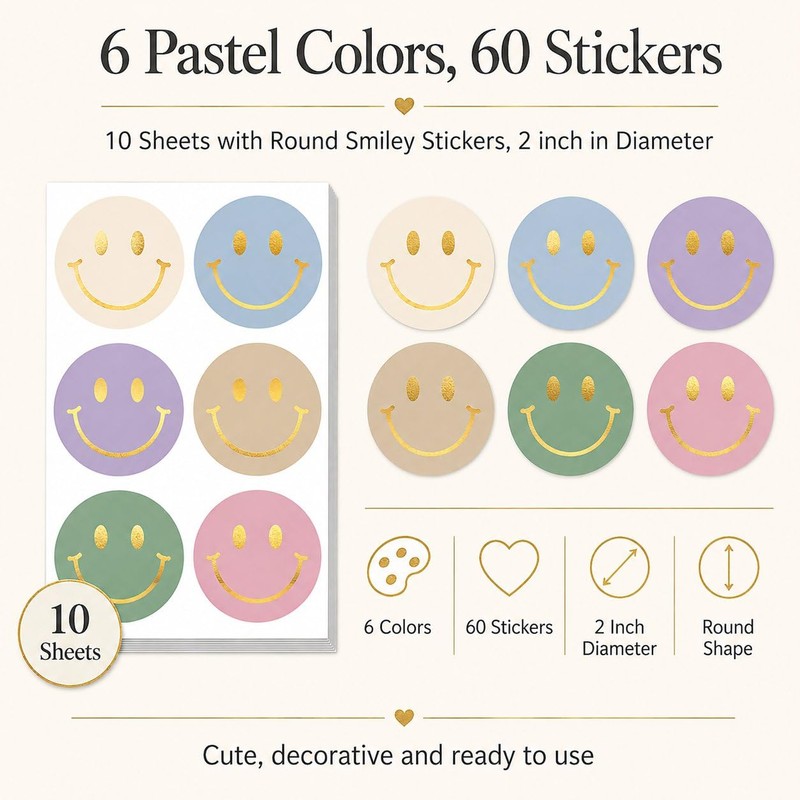 60 Pcs Gold Foil Happy Face Stickers, 2 inch Smiley