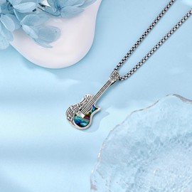 HBLICY Guitar Necklace 925 Sterling Silver Music Note Abalone Shell Guitar Pendant Necklace Punk Music Jewelry Gifts for Men Women