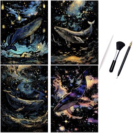 ShipeeKin 4 x Luminous Scratch Pictures, 290 x 210 mm, A4, Wall Picture, Scratch Pictures, Scratch Papers for Adults, Children with Tool Set (Whales)