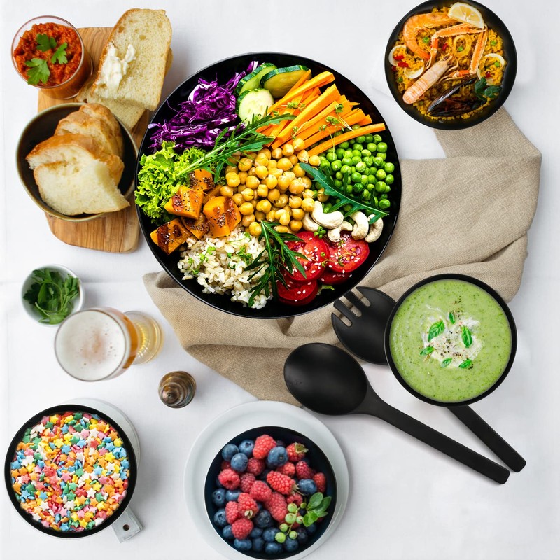 ShineMe Black Salad Bowl Set, 9.8inches Large Bamboo Fiber Salad