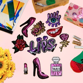 10 Pieces Purple Sequin Iron-on Patches DIY Embroidered Patches Sew On Sequins Applique Glitter Sequin Lips Lipstick Patch Clothing Repair Patch for Woman Girl Garment Bag Shoes Caps Decor