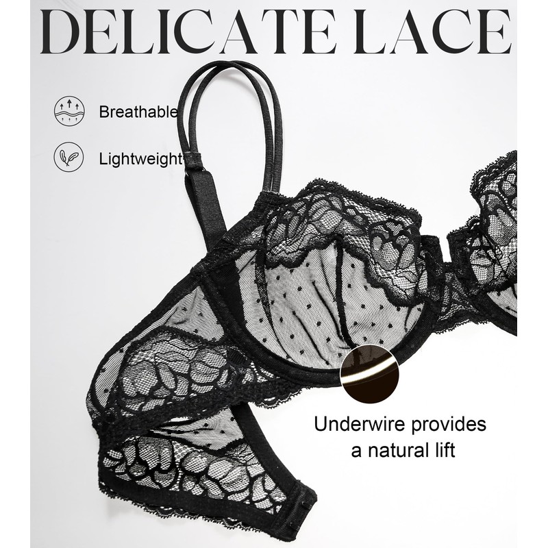 DotVol Women's Large Sizes Transparent Underwired Unlined Balconette Bra Lace