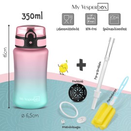 My Vesperbox Minny Children's Leak-Proof Water Bottle, with Straw or Strainer, 350 ml, 500 ml, 750 ml, Lightweight Tritan Water Bottle, BPA-Free, for Nursery, School, Pink-Turquoise, 350 ml