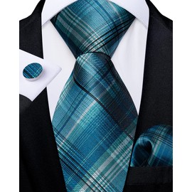 DiBanGu - Juego de gemelos de seda con cierre para hombre, diseño de cachemira, sólido/a cuadros, con lazo y bolsillo cuadrado ajustable, Tela escocesa verde azulado, Talla única