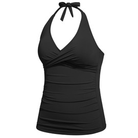 Tempt Me Women’s Tankini Top Halter Tummy Control Swim Tops Only Twist Front V Neck Bathing Suit No Bottom, Black, X-Large