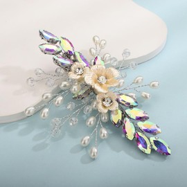 Teyglen Crystal Bridal Hair Clip Wedding Flower Rhinestone Hair Clips Handmade Pearls Crystal Hair Pieces Barrette Wedding Hair Accessories for Bride Floral Flower Headpieces for Women Girls (Rose